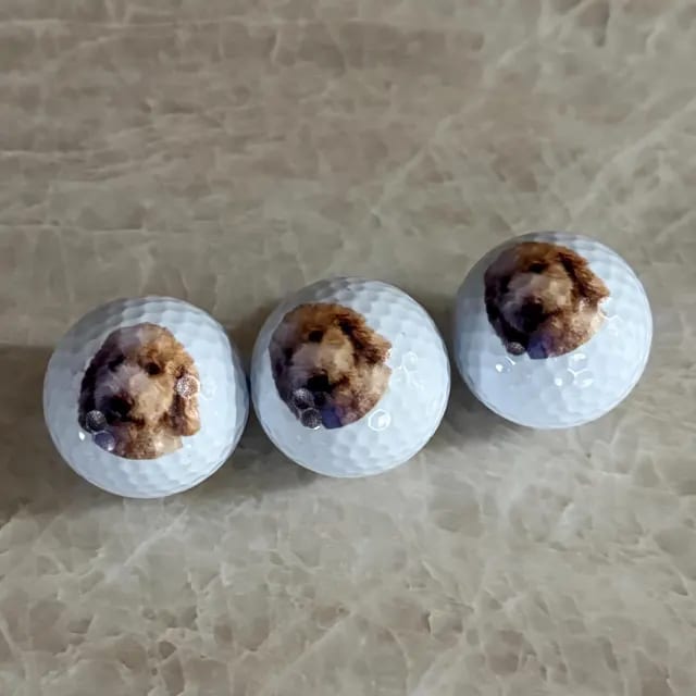 Three golf balls printed with a doodle puppy